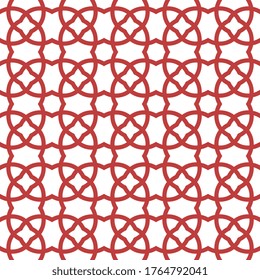 Abstract criss cross line shape motif pattern common geometric background. Monochrome red traditional geometrical design ornament textile fabric swatch all over print block.