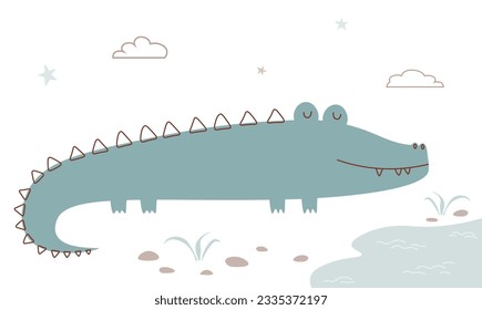 Abstract crocodile near water. Cute animal character. Flat vector illustration in scandinavian style. Drawing alligator on isolated on white background. Poster.