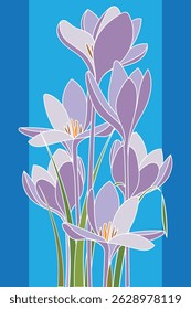 Resumo da flor de Crocus sativus com folha sobre fundo azul.