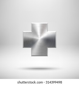 Abstract cross badge, blank button template with metal texture, realistic shadow and light background. Vector illustration.