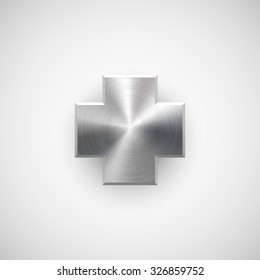 Abstract cross badge, blank button template with metal texture (chrome, silver, steel), realistic shadow and light background for web user interfaces, UI, applications and apps. Vector illustration.