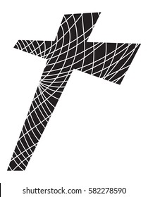 abstract cross design with hand drawn curving white intersecting lines on black background with artsy angle perspective