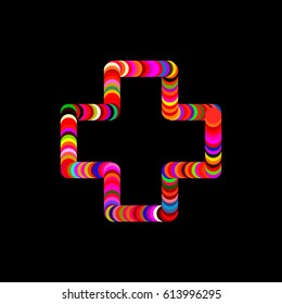 Abstract cross frame of circles. Isolated on black background. Vector colorful illustration.