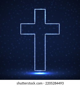 Abstract cross of glowing particles, christian symbol, religious sign, vector illustration