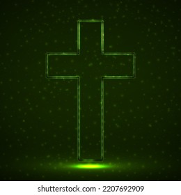 Abstract cross of glowing particles, christian symbol, religious sign, vector illustration