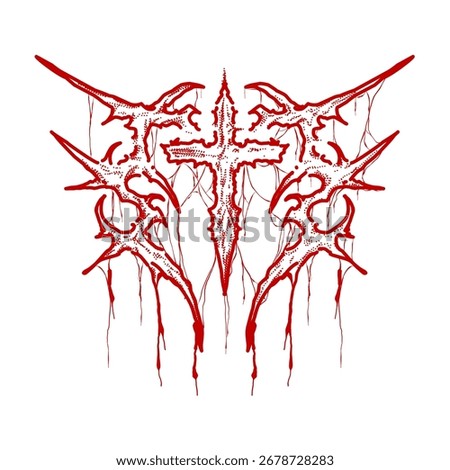 Abstract cross with gothic tribal wings, red aggressive vibes vector design for tattoo, dark aesthetics t-shirt print apparel merchandise 
