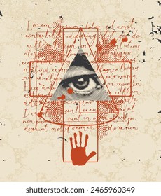 Cruz Abstractas con un ojo humano en triángulo masónico, texto escrito a mano Lorem ipsum y gotas rojas sobre un fondo de papel antiguo. Anuncio o ilustración de Vector creativo sobre el tema religioso
