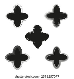 Abstract cross icon. Grunge plus symbol. Distorted shape element. Black ink vector.