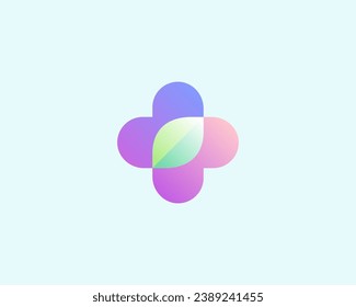 Resumen cruz y hoja dentro del logotipo del gradiente. Señal de salud de atención médica. Logotipo de clínica de farmacia creativa. Ilustración del vector