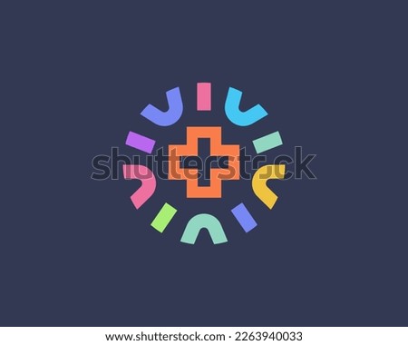 Abstract cross logo design. Clinic logotype in a frame from colored shapes. Universal plus pharmacy care vector sign. Vector illustration.