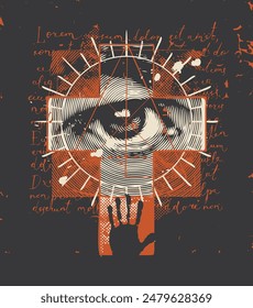 Abstract cross with a Masonic human eye in square, handwritten text Lorem ipsum and red blood drops on an old paper background. Creative vector banner or illustration on the religious theme