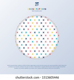 Abstract cross pattern colorful on white background with circle frame. Geometric memphis plus signs. Vector illustration
