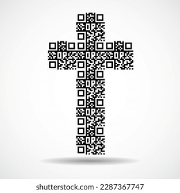 Abstract cross with Qr code. Christian Symbol. Vector logo