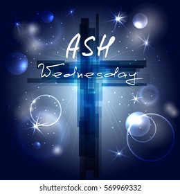 Abstract cross with rays, stars and particles. Ash Wednesday. Start of lent, The symbol of the Christian religion. Vector design. Night sky, space.
