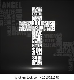 Abstract cross of religious words. Christian Symbol. Vector