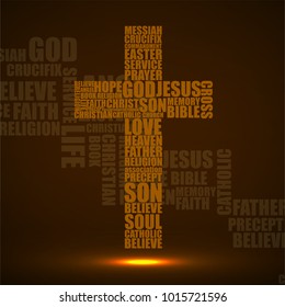 Abstract cross of religious words. Christian Symbol. Vector