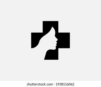 Abstract Cross With A Silhouette Of Woman Face In Profile Logo Design Template. Negative Space Minimalistic Womens Health, Cosmetology, Esthetic Surgery Vector Logotype, Emblem Or Symbol.