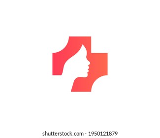 Abstract cross with a silhouette of woman face in profile logo design template. Universal minimalistic beauty salon, cosmetology, pharmacy vector logotype on white background