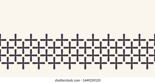 Abstract cross square grid border background. Monochrome hand drawn texture illustration. Modern geometric mesh. Trendy hipster fashion ribbon trim. Simple home decor. Seamless vector banner edge