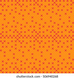 Abstract cross stitch seamless pattern in red and orange. Colorful background texture. Useful to decorate your blog, web, shop, publications, flyers with sewing, hand-made, clothes and fashion topics