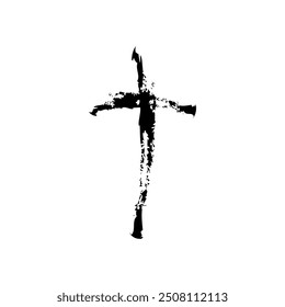 Abstract cross symbol. Grunge brush texture. Black and white vector. Distressed artistic design.