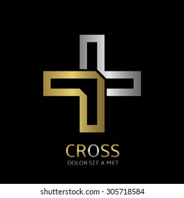 Abstract cross symbol logo with silver and gold elements. Religion or medicine concept