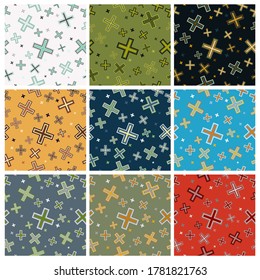Abstract cross symbol seamless pattern with colour combinations. Modern design, minimalist, suitable for wallpapers, fabric pattern, banners, backgrounds, cards, etc.