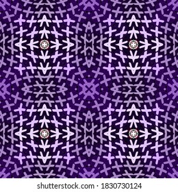 Abstract crosses seamless pattern. Repeat kaleidoscope background in violet colors. Repeat symmetrical modern backdrop. Geometric ornament. Abstract shapes, lines, cross, arrows. Endless texture.