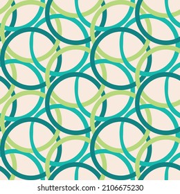 Abstract crossing circles vector seamless surface pattern background. Interlocking woven circle shapes backdrop. Weave loop style. Contemporary scribble rings teal green cream repeat for summer