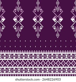 Ponto de cruz abstrato sobre um fundo roxo. Padrão sem emenda boho étnico. Padrão tribal. Motivo popular. Relação têxtil. Padrão de pixel. Ideias para papel de parede, envoltório, cenários e têxteis.