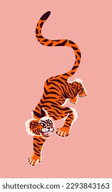 Abstract crouching Indian tiger. Endangered animal. Striped beast in cartoon style. Vector background for t shirt print, logo, poster template, tattoo idea. 