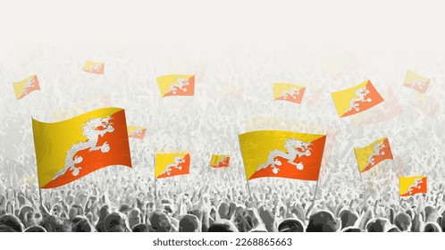 Abstract crowd with flag of Bhutan. Peoples protest, revolution, strike and demonstration with flag of Bhutan. Vector illustration.