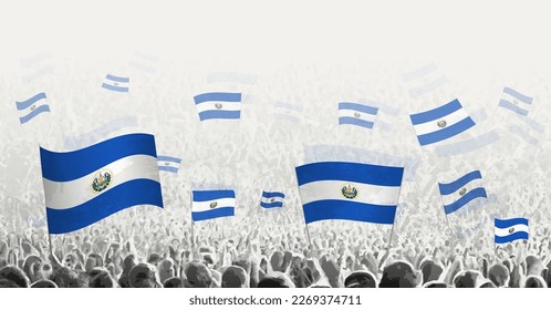 Abstract crowd with flag of El Salvador. Peoples protest, revolution, strike and demonstration with flag of El Salvador. Vector illustration.