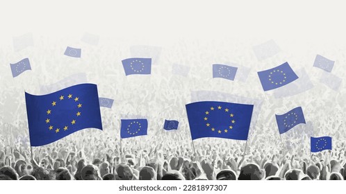 Abstract crowd with flag of European Union. Peoples protest, revolution, strike and demonstration with flag of European Union. Vector illustration.