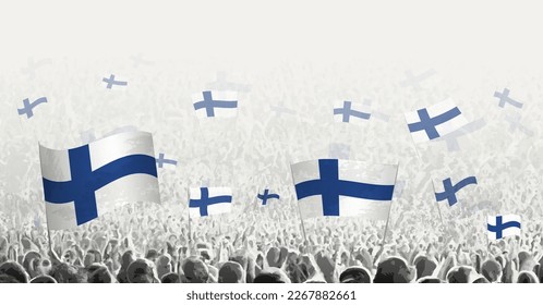 Gente abstracta con bandera de Finlandia. Protesta popular, revolución, huelga y manifestación con bandera de Finlandia. Ilustración vectorial.