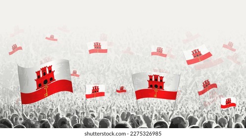 Abstract crowd with flag of Gibraltar. Peoples protest, revolution, strike and demonstration with flag of Gibraltar. Vector illustration.