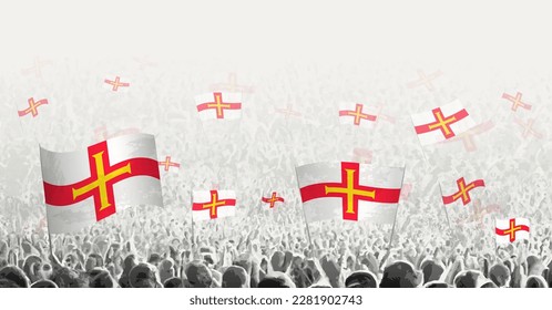 Abstract crowd with flag of Guernsey. Peoples protest, revolution, strike and demonstration with flag of Guernsey. Vector illustration.