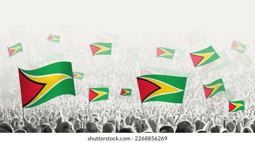 Abstract crowd with flag of Guyana. Peoples protest, revolution, strike and demonstration with flag of Guyana. Vector illustration.