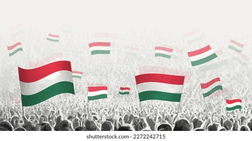 Abstract crowd with flag of Hungary. Peoples protest, revolution, strike and demonstration with flag of Hungary. Vector illustration.