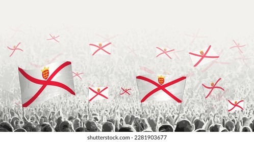 Abstract crowd with flag of Jersey. Peoples protest, revolution, strike and demonstration with flag of Jersey. Vector illustration.