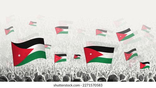 Abstrakte Menge mit Flagge von Jordanien. Die Völker protestieren, revolutionieren, streiken und demonstrieren unter der Flagge Jordaniens. Vektorgrafik.