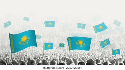 Abstract crowd with flag of Kazakhstan. Peoples protest, revolution, strike and demonstration with flag of Kazakhstan. Vector illustration.