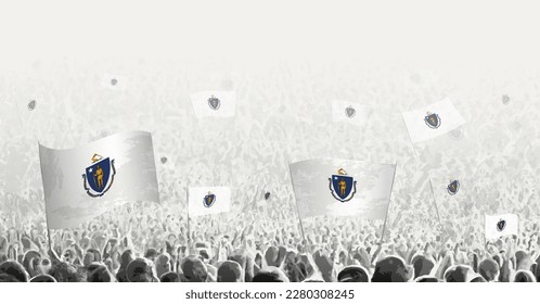 Abstract crowd with flag of Massachusetts. Peoples protest, revolution, strike and demonstration with flag of Massachusetts. Vector illustration.