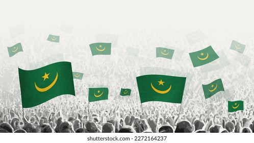 Abstract crowd with flag of Mauritania. Peoples protest, revolution, strike and demonstration with flag of Mauritania. Vector illustration.