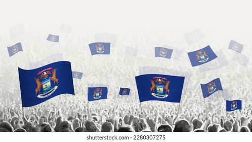 Abstract crowd with flag of Michigan. Peoples protest, revolution, strike and demonstration with flag of Michigan. Vector illustration.