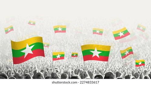 Abstract crowd with flag of Myanmar. Peoples protest, revolution, strike and demonstration with flag of Myanmar. Vector illustration.