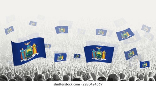 Abstract crowd with flag of New York. Peoples protest, revolution, strike and demonstration with flag of New York. Vector illustration.