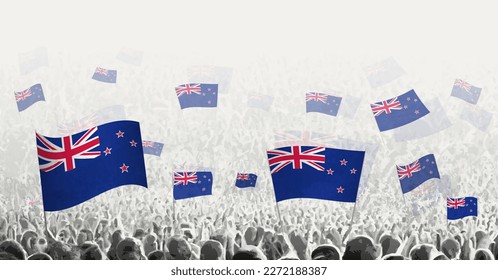Abstract crowd with flag of New Zealand. Peoples protest, revolution, strike and demonstration with flag of New Zealand. Vector illustration.