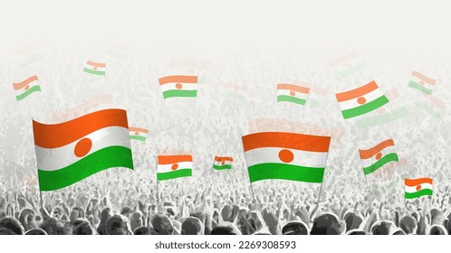 Abstract crowd with flag of Niger. Peoples protest, revolution, strike and demonstration with flag of Niger. Vector illustration.