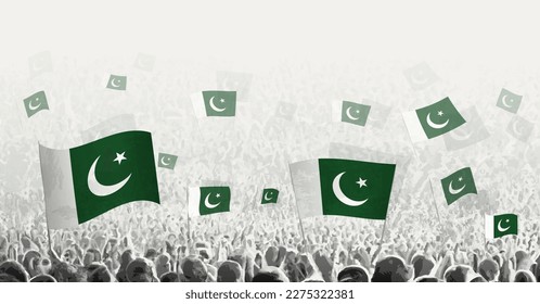 Abstract crowd with flag of Pakistan. Peoples protest, revolution, strike and demonstration with flag of Pakistan. Vector illustration.